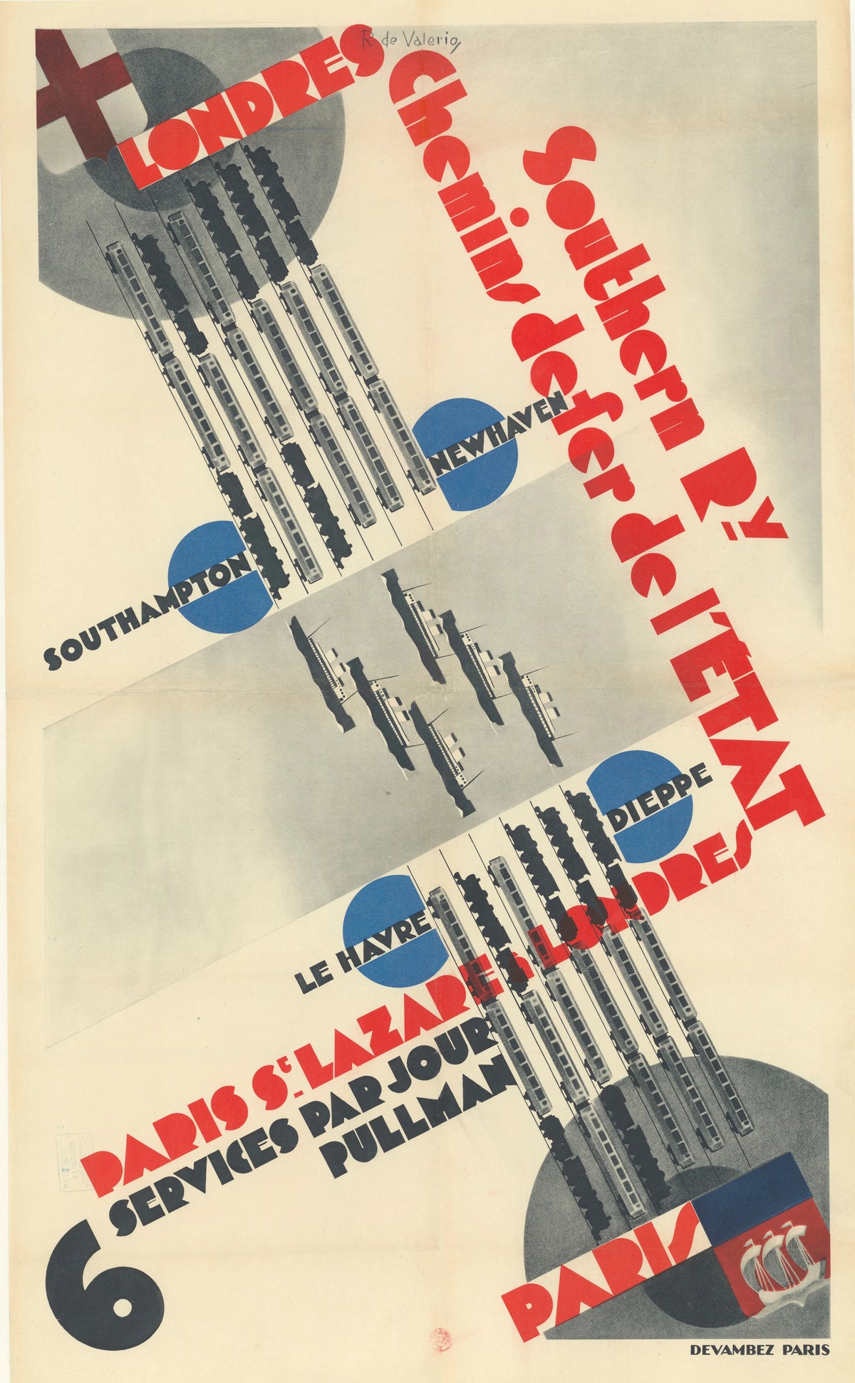 Roger de Valerio - Londres-Paris. Southern Railway. Chemins de fer de l'Etat, 6 six services par jour. Paris St Lazare-Londres (1930)