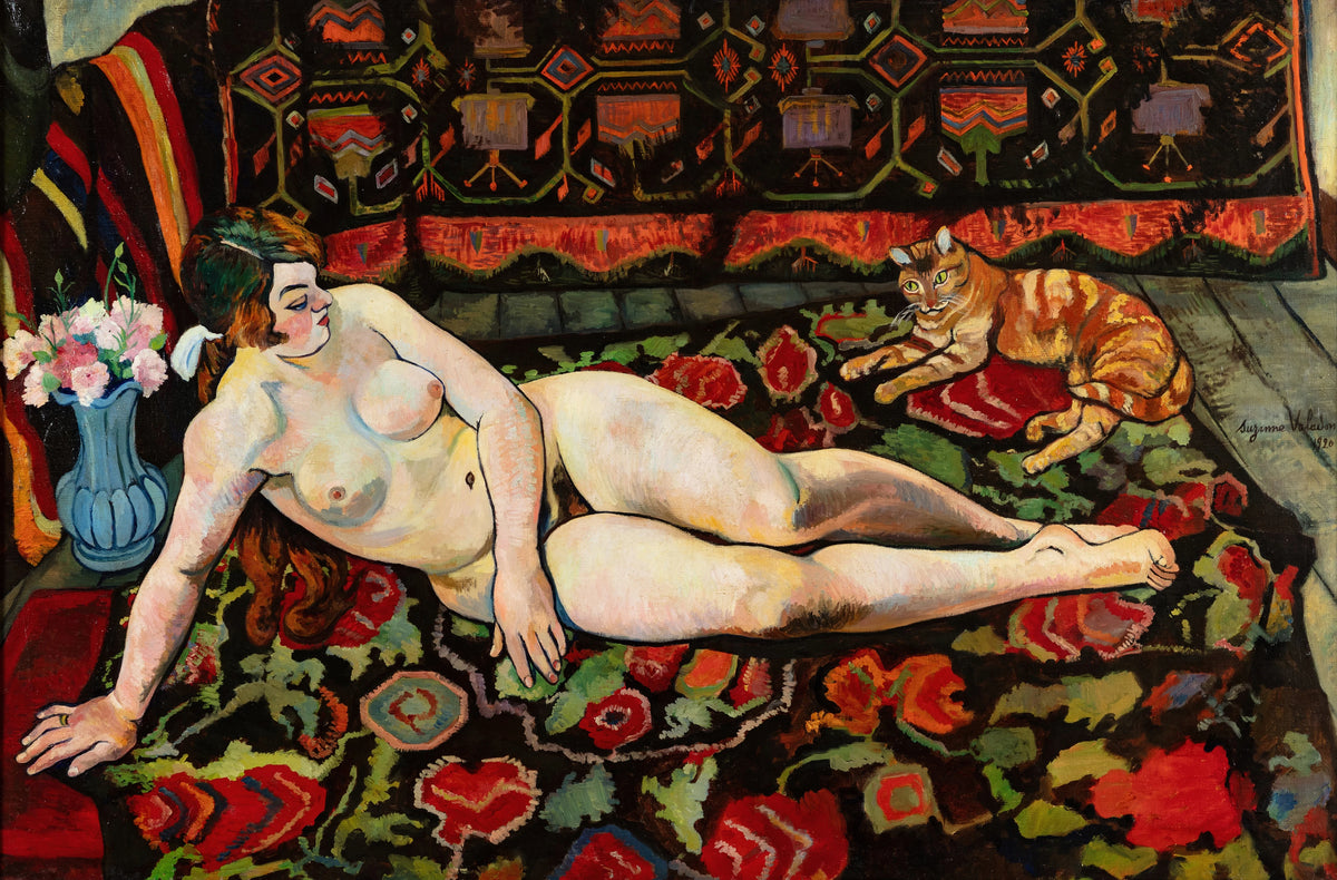 Suzanne Valadon - Nu au chat, allongé sur une draperie à fleurs (1920)