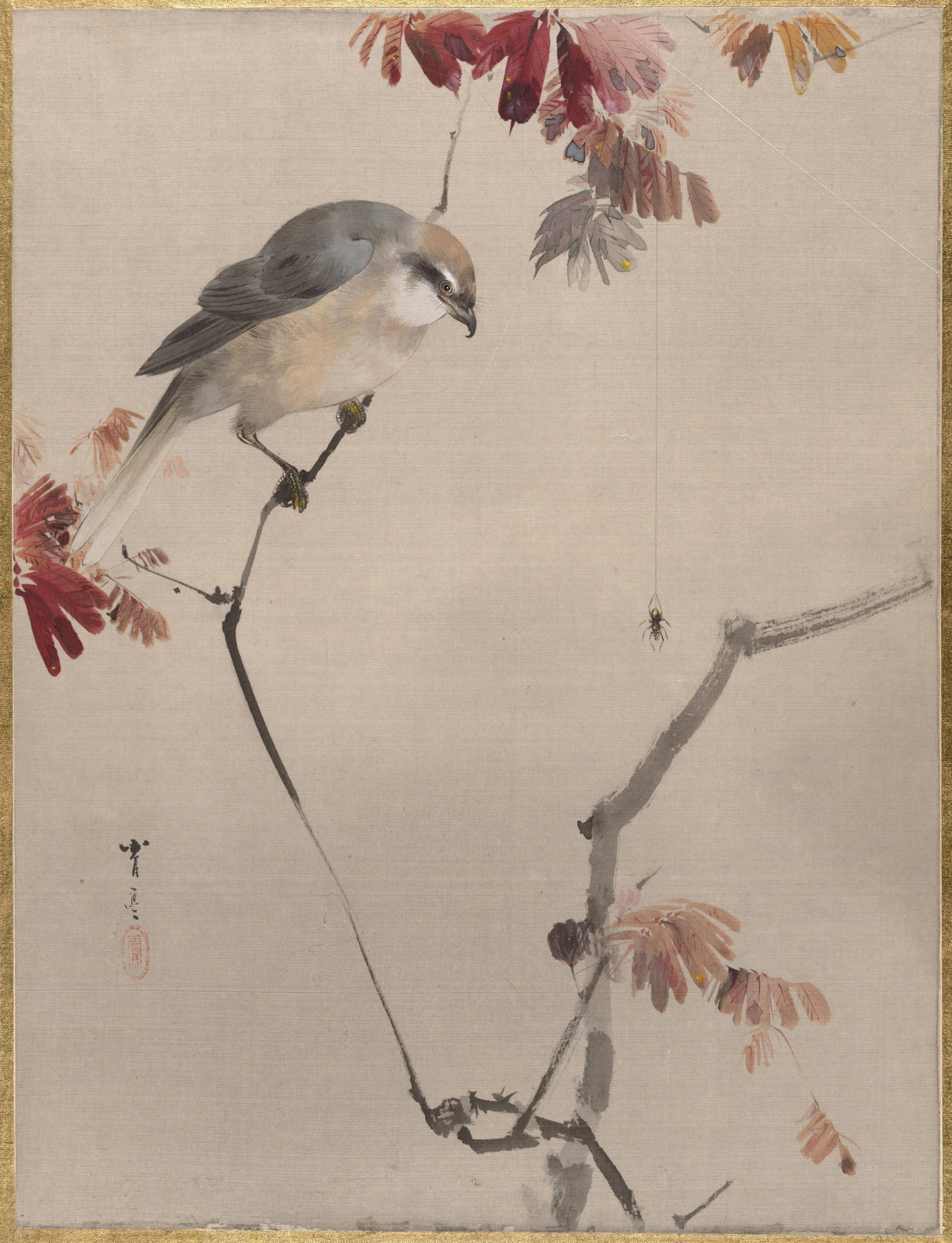 Watanabe Seitei - Bird on Branch Watching Spider (1887)