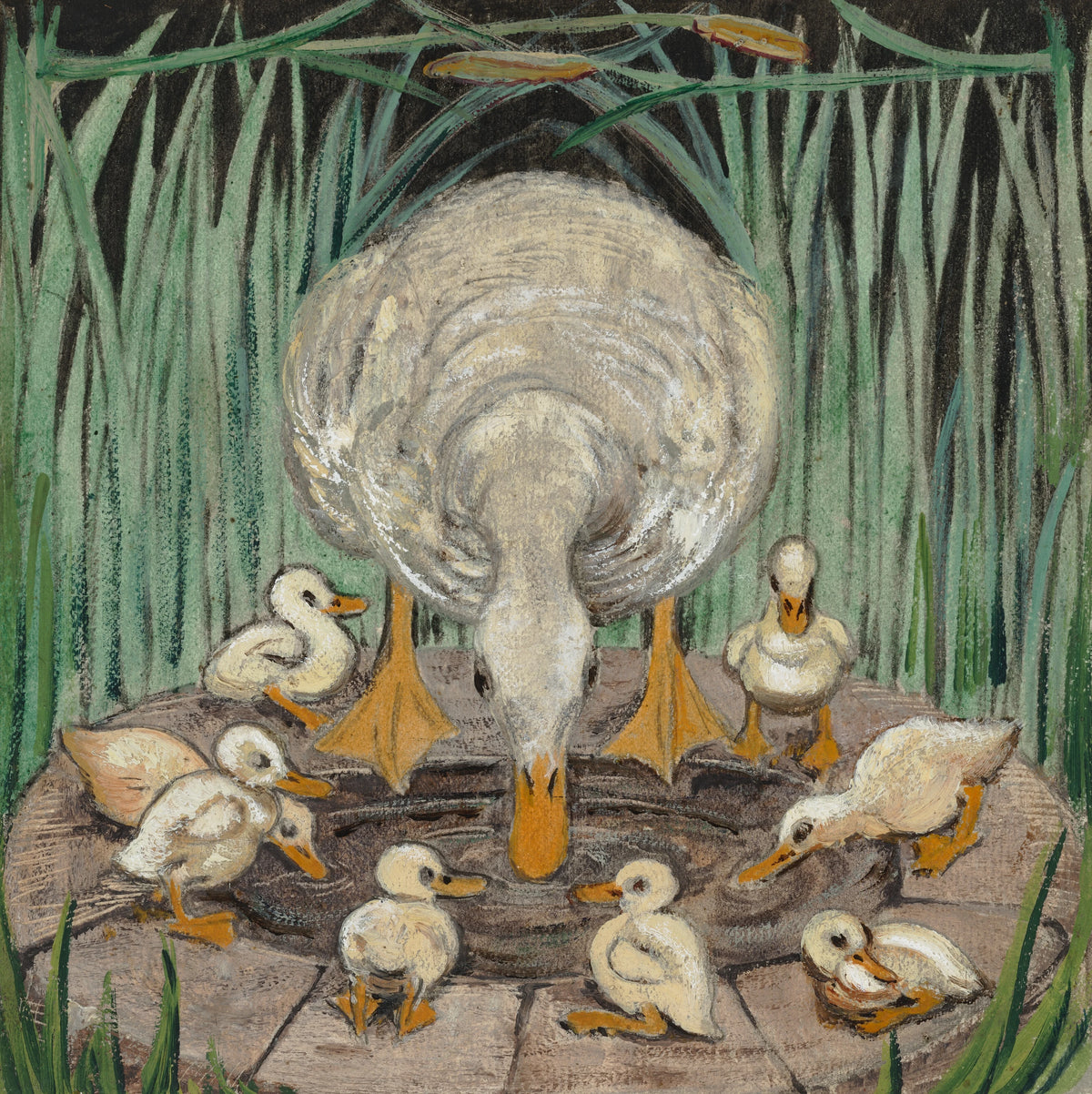 William Bell Scott - A Mother Duck with seven Ducklings
